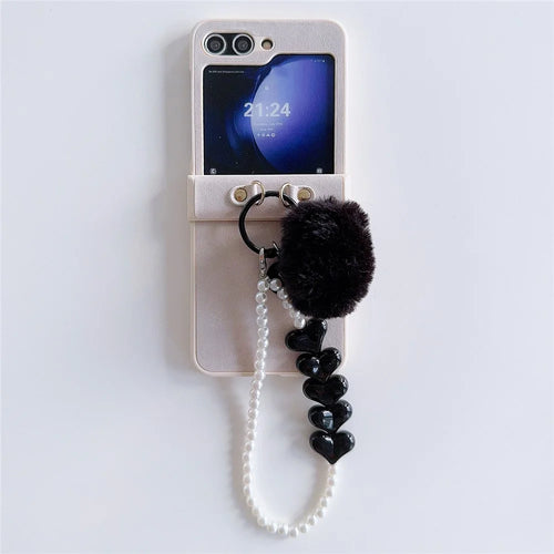 For Samsung Galaxy Z Flip5 5G Case Crazy Horse Texture PU+PC Phone Cover with Pompom Pearl Chain - Earth Color - 1