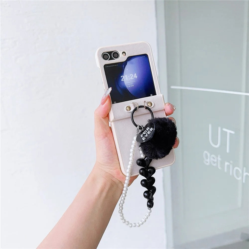 For Samsung Galaxy Z Flip5 5G Case Crazy Horse Texture PU+PC Phone Cover with Pompom Pearl Chain - Earth Color - 2
