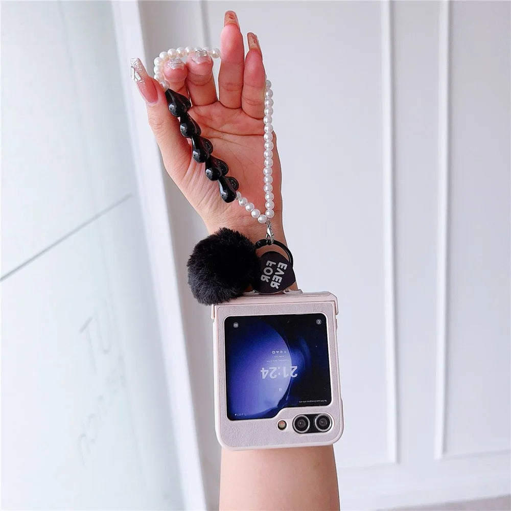 For Samsung Galaxy Z Flip5 5G Case Crazy Horse Texture PU+PC Phone Cover with Pompom Pearl Chain - Earth Color - 3