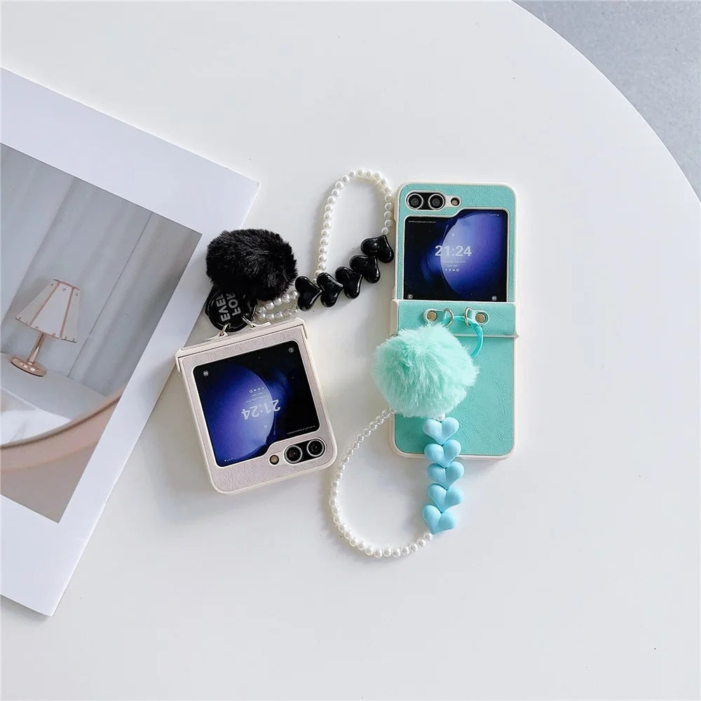 For Samsung Galaxy Z Flip5 5G Case Crazy Horse Texture PU+PC Phone Cover with Pompom Pearl Chain - Earth Color - 4