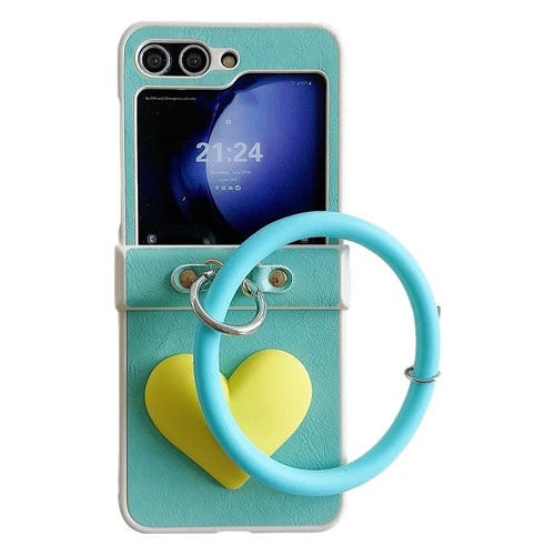 For Samsung Galaxy Z Flip5 5G Cover PU Leather+PC Phone Protective Case with Round Wristband Crazy Horse Texture - Baby Blue - 1