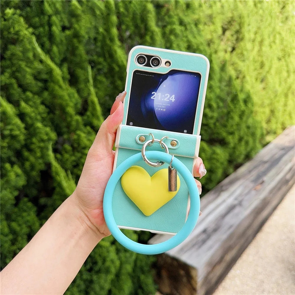 For Samsung Galaxy Z Flip5 5G Cover PU Leather+PC Phone Protective Case with Round Wristband Crazy Horse Texture - Baby Blue - 4