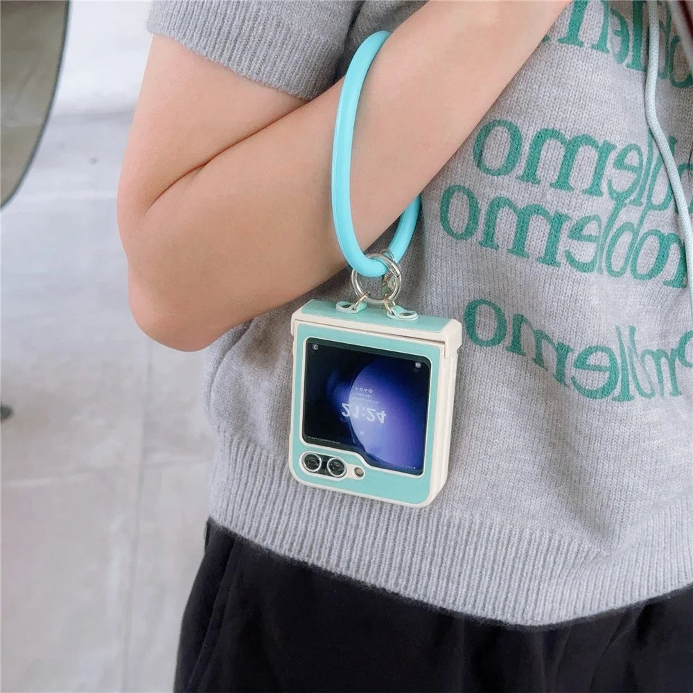 For Samsung Galaxy Z Flip5 5G Cover PU Leather+PC Phone Protective Case with Round Wristband Crazy Horse Texture - Baby Blue - 5