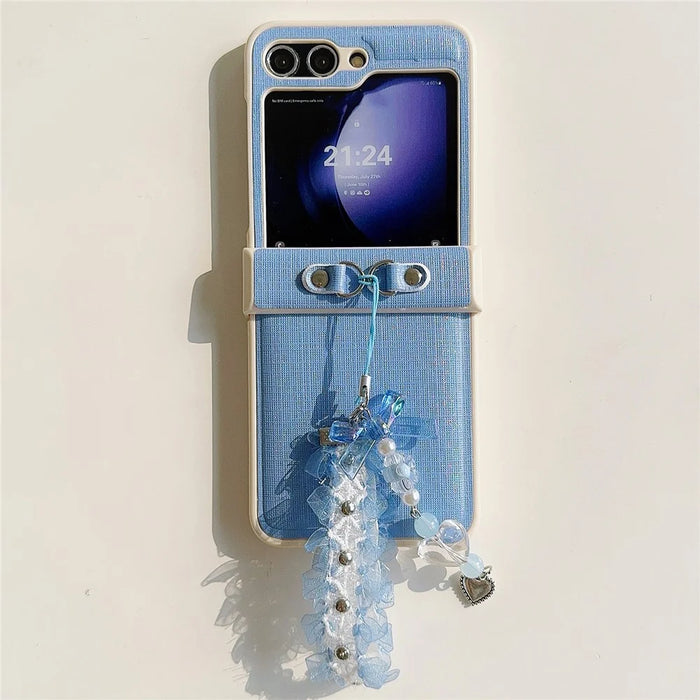 For Samsung Galaxy Z Flip5 5G Cross Texture PU Leather+PC Phone Case with Lace Beaded Pendant - Blue - 1