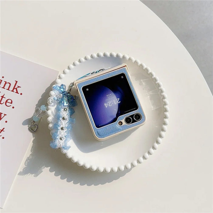 For Samsung Galaxy Z Flip5 5G Cross Texture PU Leather+PC Phone Case with Lace Beaded Pendant - Blue - 2