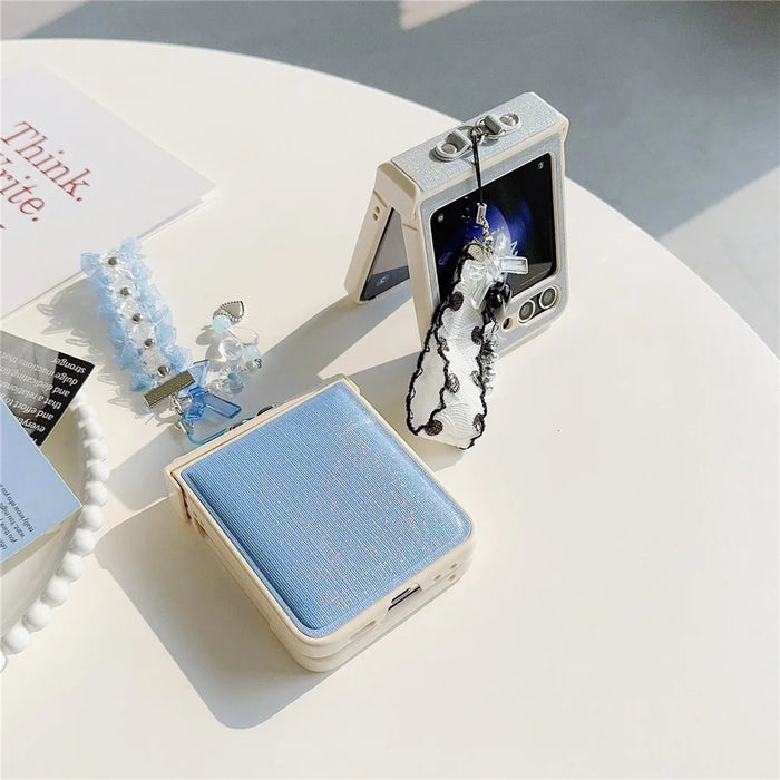 For Samsung Galaxy Z Flip5 5G Cross Texture PU Leather+PC Phone Case with Lace Beaded Pendant - Blue - 3