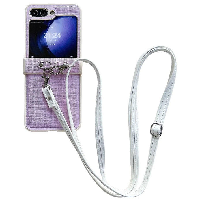 For Samsung Galaxy Z Flip5 5G Phone Case PC+PU Leather Phone Shell with White Shoulder Strap - Purple - 1