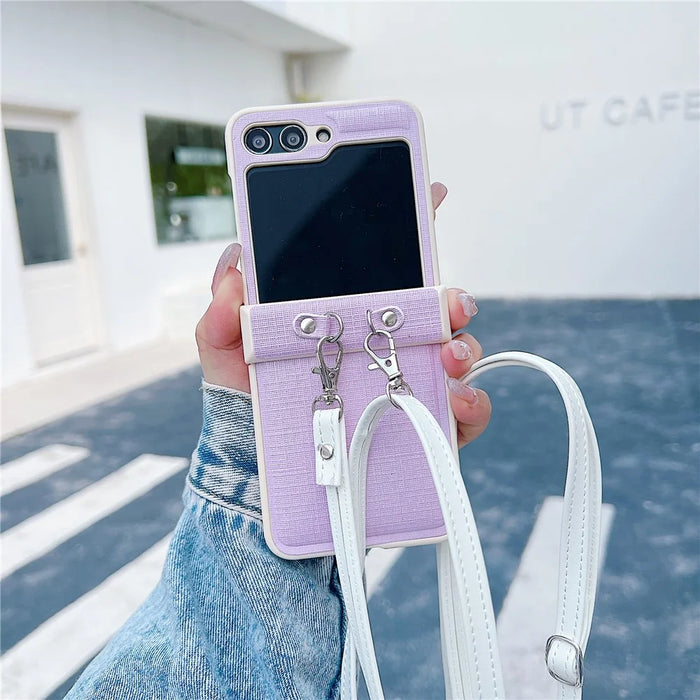 For Samsung Galaxy Z Flip5 5G Phone Case PC+PU Leather Phone Shell with White Shoulder Strap - Purple - 2