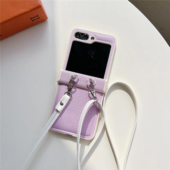 For Samsung Galaxy Z Flip5 5G Phone Case PC+PU Leather Phone Shell with White Shoulder Strap - Purple - 3