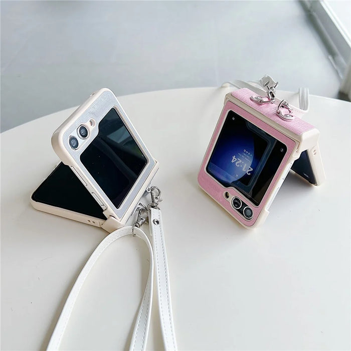 For Samsung Galaxy Z Flip5 5G Phone Case PC+PU Leather Phone Shell with White Shoulder Strap - Purple - 5