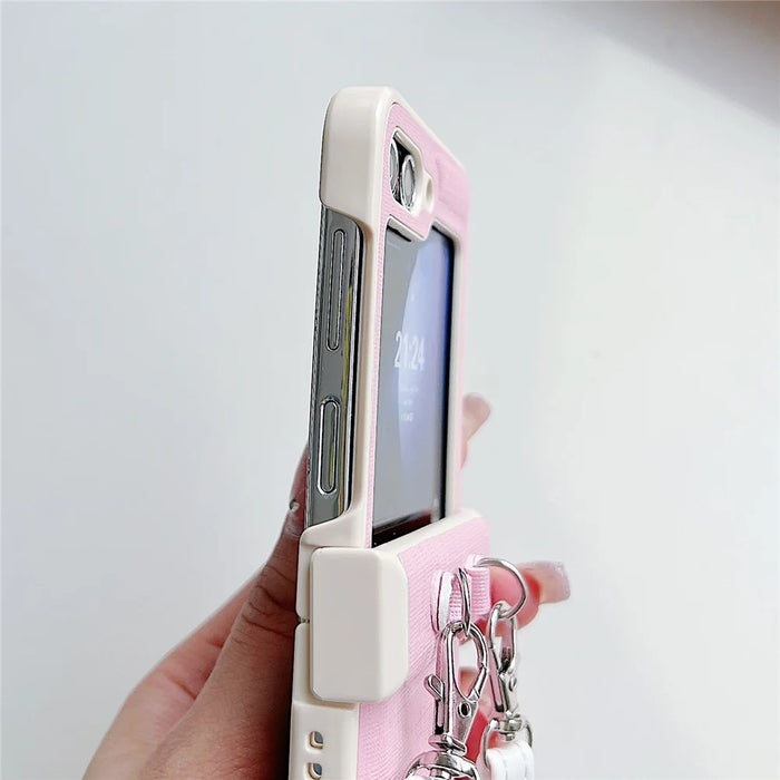 For Samsung Galaxy Z Flip5 5G Phone Case PC+PU Leather Phone Shell with White Shoulder Strap - Purple - 6