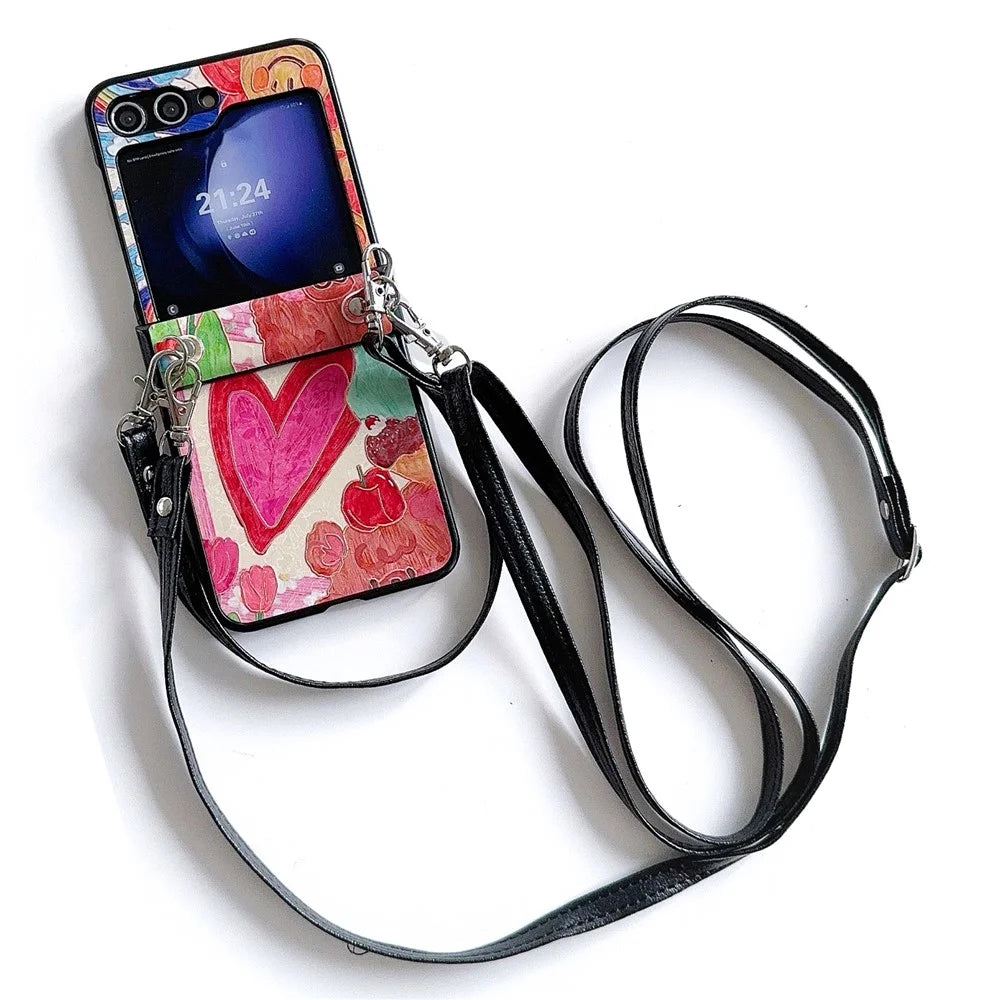 For Samsung Galaxy Z Flip5 5G Case Lacquered Heart PU Leather+PC Phone Cover with 2 Straps - Big Heart - 1