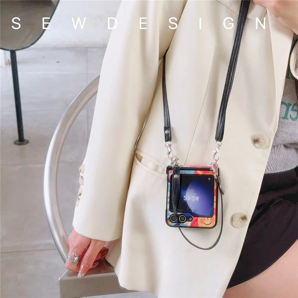 For Samsung Galaxy Z Flip5 5G Case Lacquered Heart PU Leather+PC Phone Cover with 2 Straps - Big Heart - 5