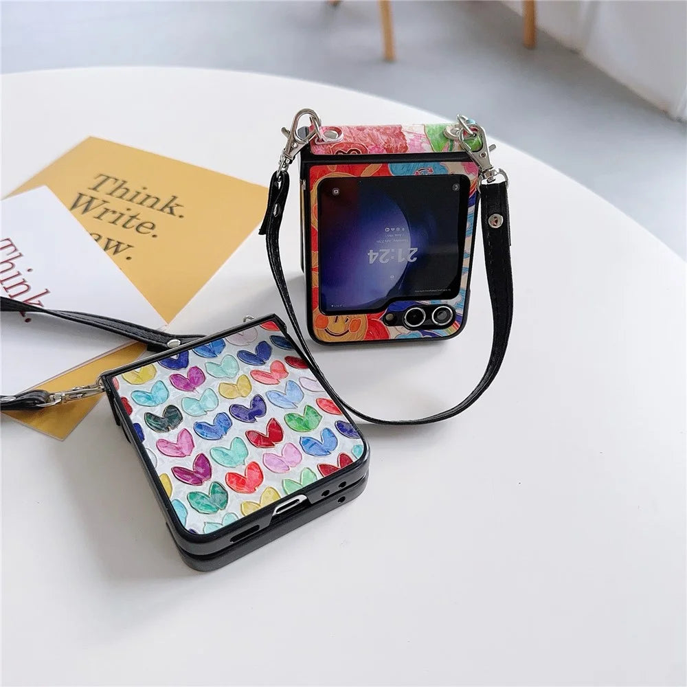 For Samsung Galaxy Z Flip5 5G Case Lacquered Heart PU Leather+PC Phone Cover with 2 Straps - Big Heart - 6