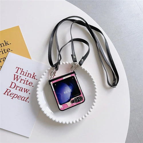 For Samsung Galaxy Z Flip5 5G Case Lacquered Cartoon Pattern Leather+PC Phone Cover with 2 Straps - Rose Bowknot - 1