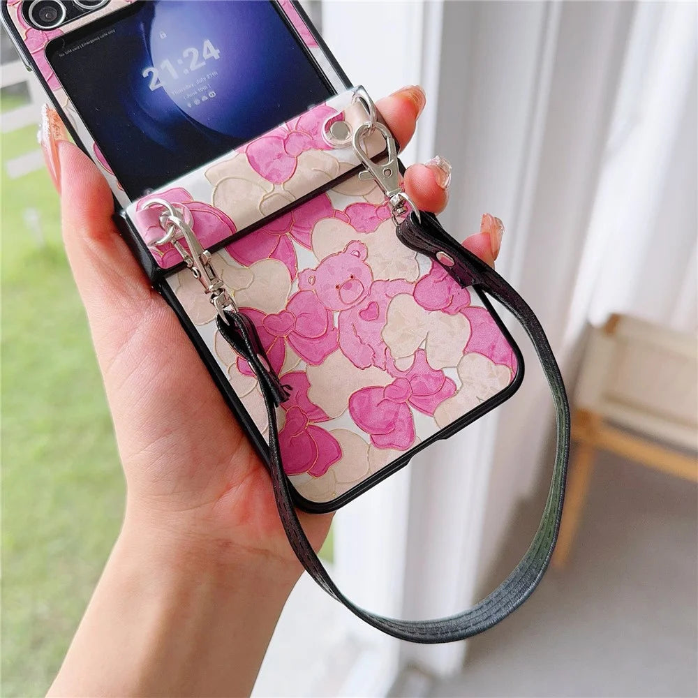 For Samsung Galaxy Z Flip5 5G Case Lacquered Cartoon Pattern Leather+PC Phone Cover with 2 Straps - Rose Bowknot - 2