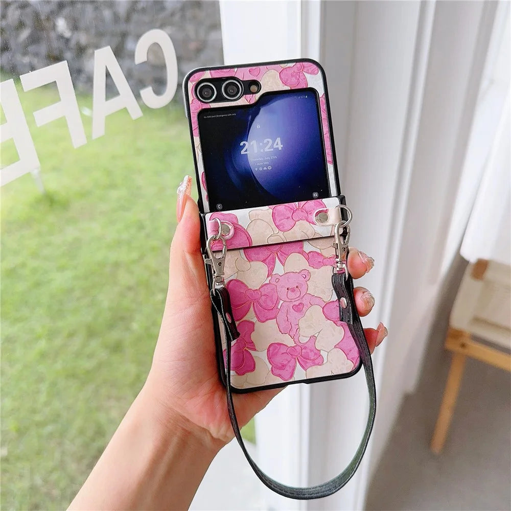 For Samsung Galaxy Z Flip5 5G Case Lacquered Cartoon Pattern Leather+PC Phone Cover with 2 Straps - Rose Bowknot - 3