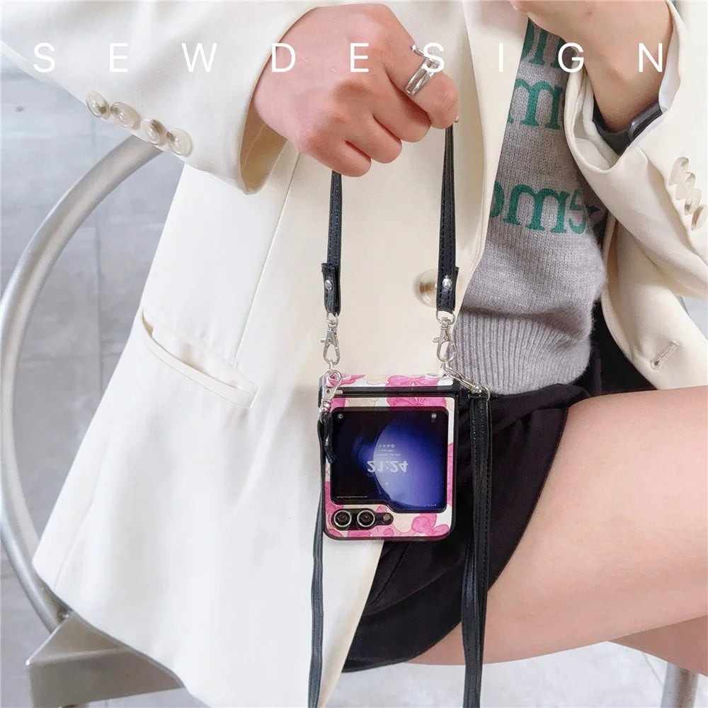 For Samsung Galaxy Z Flip5 5G Case Lacquered Cartoon Pattern Leather+PC Phone Cover with 2 Straps - Rose Bowknot - 4