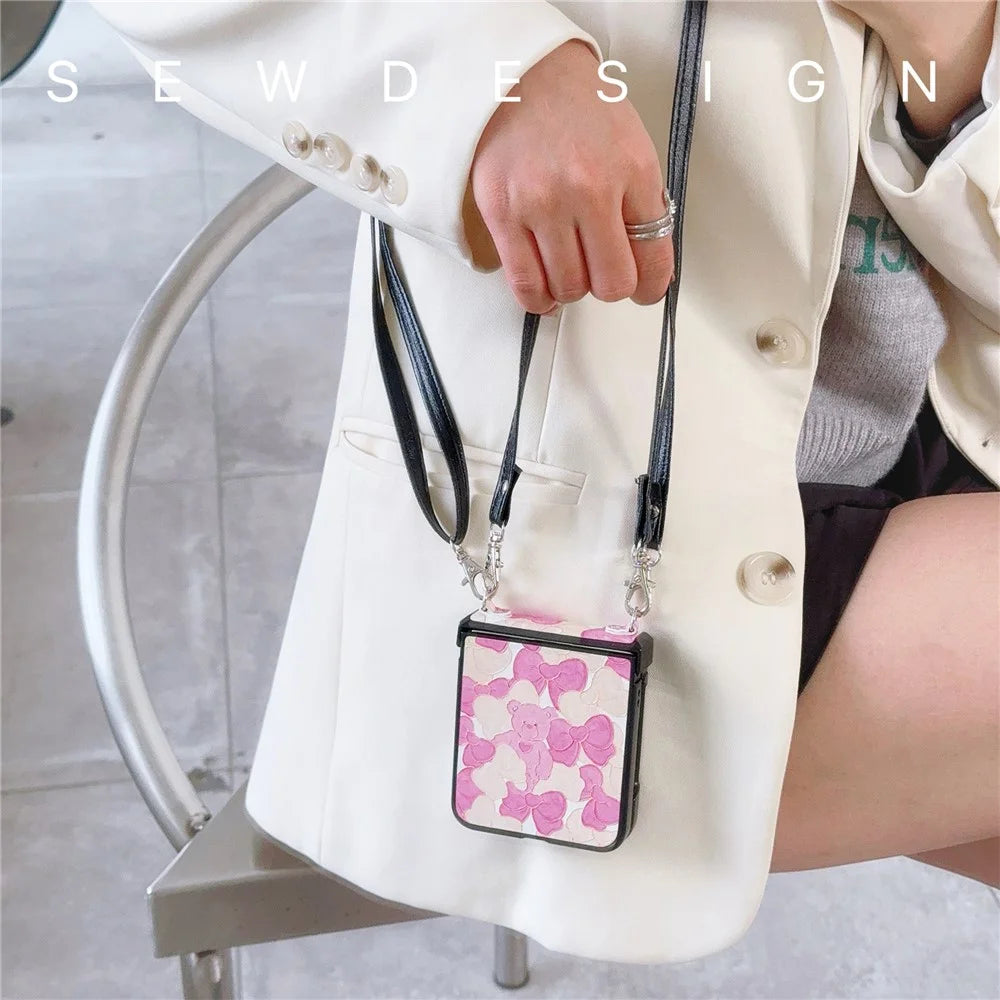 For Samsung Galaxy Z Flip5 5G Case Lacquered Cartoon Pattern Leather+PC Phone Cover with 2 Straps - Rose Bowknot - 5