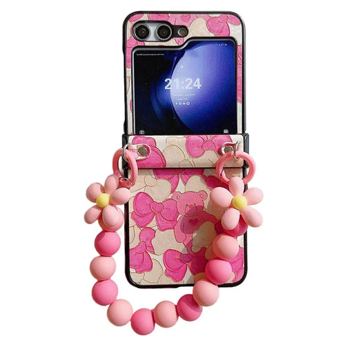 For Samsung Galaxy Z Flip5 5G Case Hinge Design Lacquered Pattern PU Leather+PC Phone Cover with Bead Chain - Pink Bow - 1
