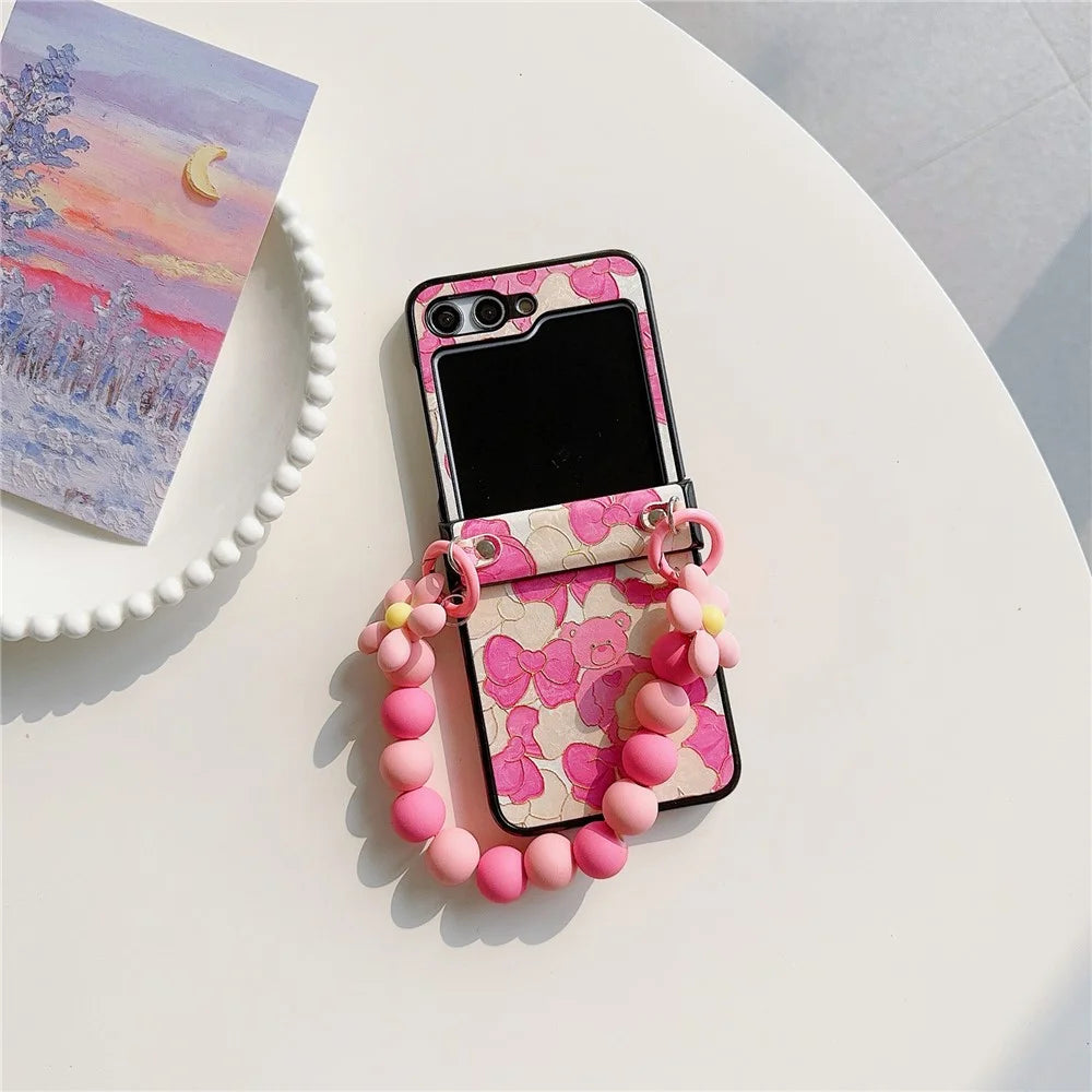 For Samsung Galaxy Z Flip5 5G Case Hinge Design Lacquered Pattern PU Leather+PC Phone Cover with Bead Chain - Pink Bow - 2