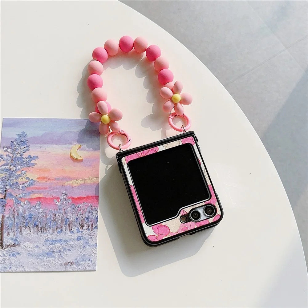 For Samsung Galaxy Z Flip5 5G Case Hinge Design Lacquered Pattern PU Leather+PC Phone Cover with Bead Chain - Pink Bow - 3