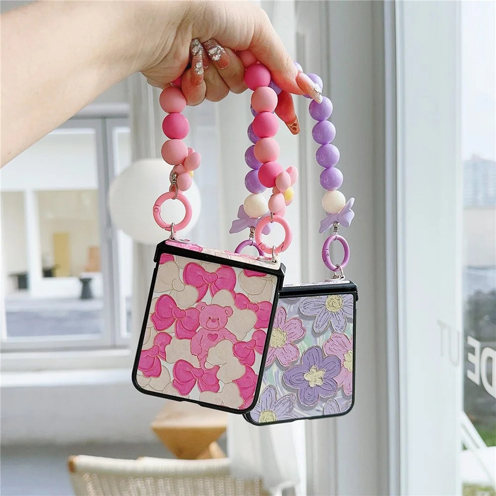 For Samsung Galaxy Z Flip5 5G Case Hinge Design Lacquered Pattern PU Leather+PC Phone Cover with Bead Chain - Pink Bow - 4