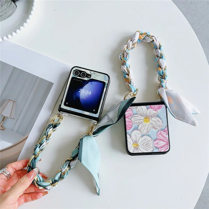 For Samsung Galaxy Z Flip5 5G   Case PU Leather+PC Phone Shell with Silk Scarf Chain Lacquered Pattern Design - Big Flower - 6
