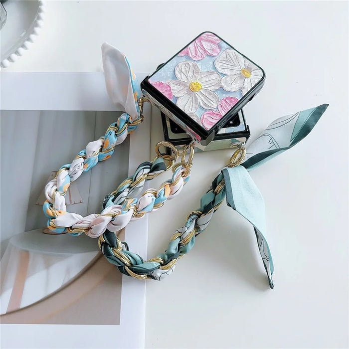 For Samsung Galaxy Z Flip5 5G   Case PU Leather+PC Phone Shell with Silk Scarf Chain Lacquered Pattern Design - Big Flower - 7