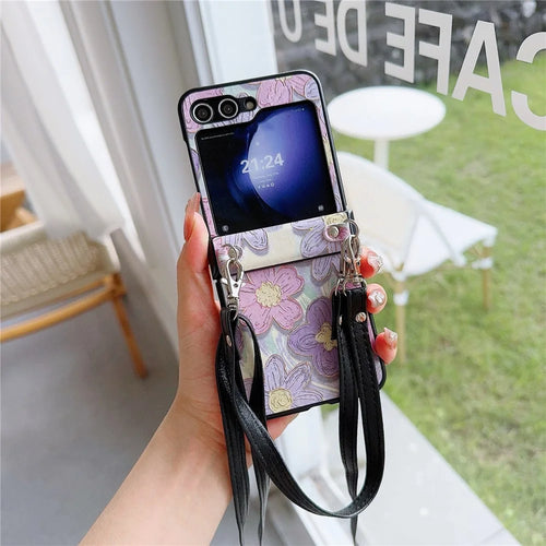 For Samsung Galaxy Z Flip5 5G Case Flower Lacquered PU Leather+PC Phone Cover with 2 Straps - Purple Flower - 1