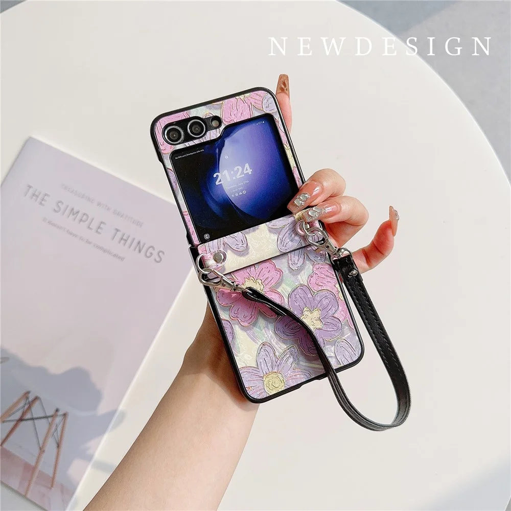For Samsung Galaxy Z Flip5 5G Case Flower Lacquered PU Leather+PC Phone Cover with 2 Straps - Purple Flower - 2