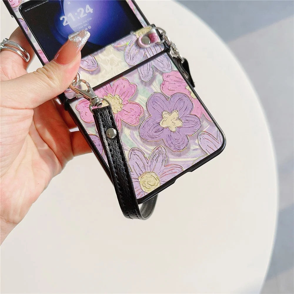 For Samsung Galaxy Z Flip5 5G Case Flower Lacquered PU Leather+PC Phone Cover with 2 Straps - Purple Flower - 3