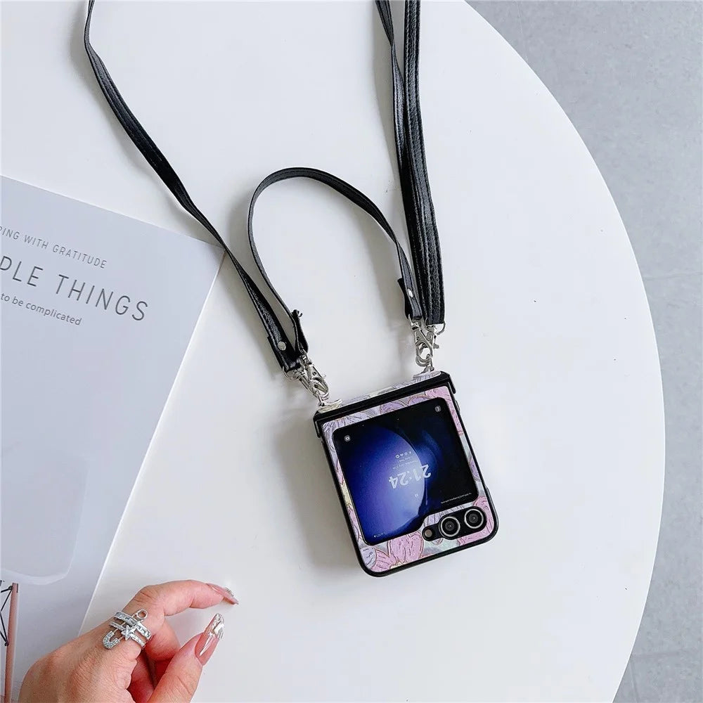 For Samsung Galaxy Z Flip5 5G Case Flower Lacquered PU Leather+PC Phone Cover with 2 Straps - Purple Flower - 5