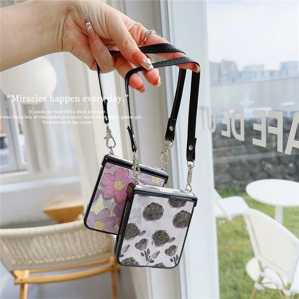 For Samsung Galaxy Z Flip5 5G Case Flower Lacquered PU Leather+PC Phone Cover with 2 Straps - Purple Flower - 7