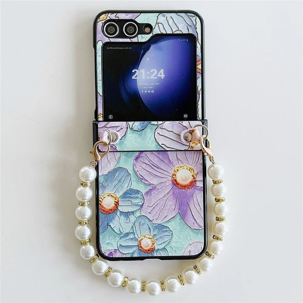 For Samsung Galaxy Z Flip5 5G Hinge Design Lacquered Flower Pattern PU Leather+PC Case with Pearl Chain - Purple Flower - 1