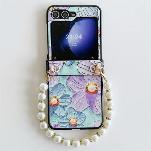 For Samsung Galaxy Z Flip5 5G Hinge Design Lacquered Flower Pattern PU Leather+PC Case with Pearl Chain - Purple Flower - 1