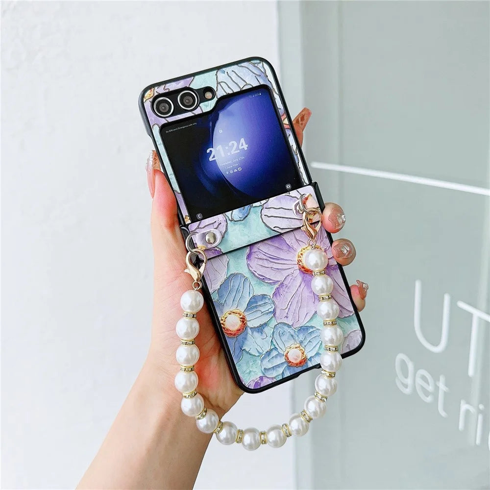 For Samsung Galaxy Z Flip5 5G Hinge Design Lacquered Flower Pattern PU Leather+PC Case with Pearl Chain - Purple Flower - 2