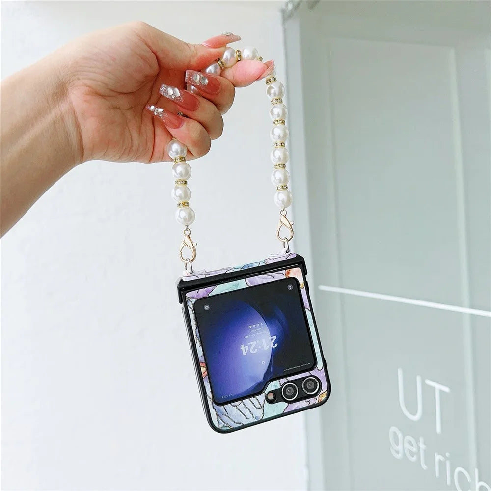 For Samsung Galaxy Z Flip5 5G Hinge Design Lacquered Flower Pattern PU Leather+PC Case with Pearl Chain - Purple Flower - 3