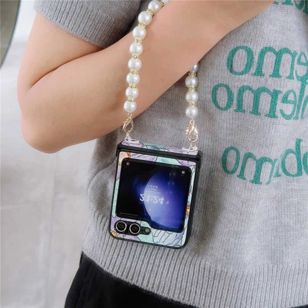 For Samsung Galaxy Z Flip5 5G Hinge Design Lacquered Flower Pattern PU Leather+PC Case with Pearl Chain - Purple Flower - 4