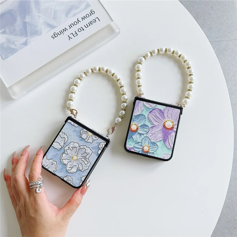 For Samsung Galaxy Z Flip5 5G Hinge Design Lacquered Flower Pattern PU Leather+PC Case with Pearl Chain - Purple Flower - 6