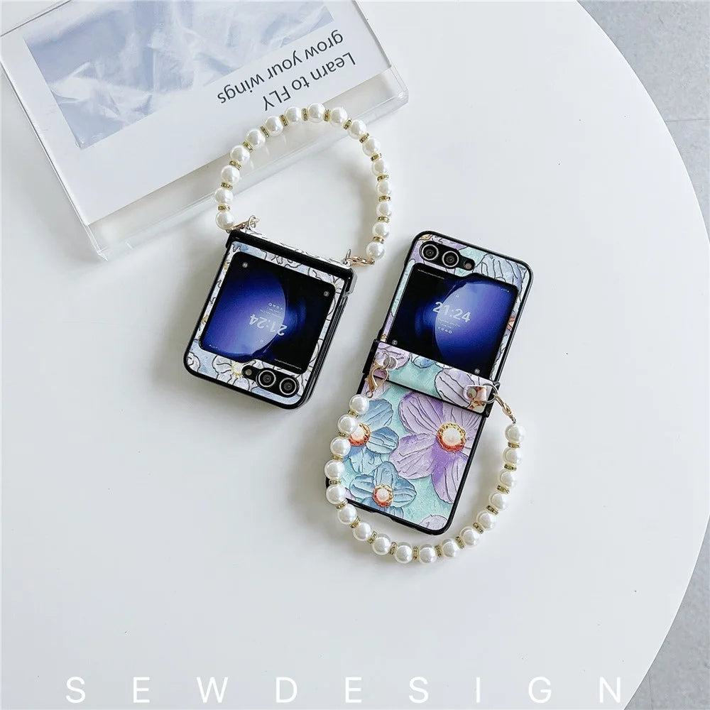 For Samsung Galaxy Z Flip5 5G Hinge Design Lacquered Flower Pattern PU Leather+PC Case with Pearl Chain - Purple Flower - 7