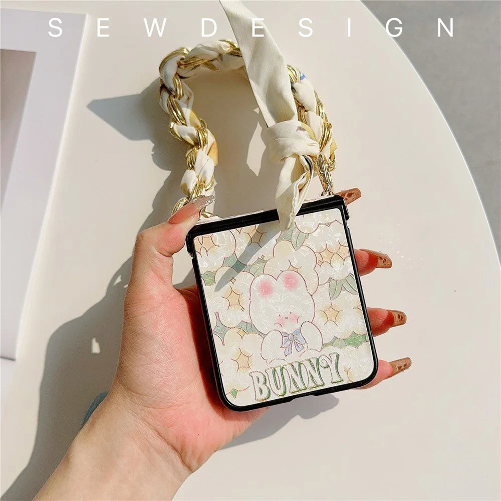 For Samsung Galaxy Z Flip5 5G   Lacquered Pattern PU Leather+PC Cell Phone Cover with Silk Scarf Chain - Rabbit+Flower - 2