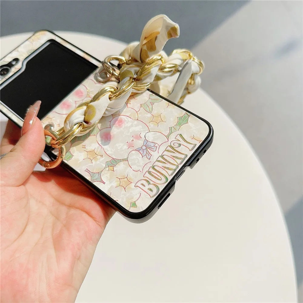For Samsung Galaxy Z Flip5 5G   Lacquered Pattern PU Leather+PC Cell Phone Cover with Silk Scarf Chain - Rabbit+Flower - 3