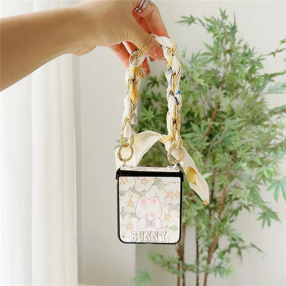For Samsung Galaxy Z Flip5 5G   Lacquered Pattern PU Leather+PC Cell Phone Cover with Silk Scarf Chain - Rabbit+Flower - 4