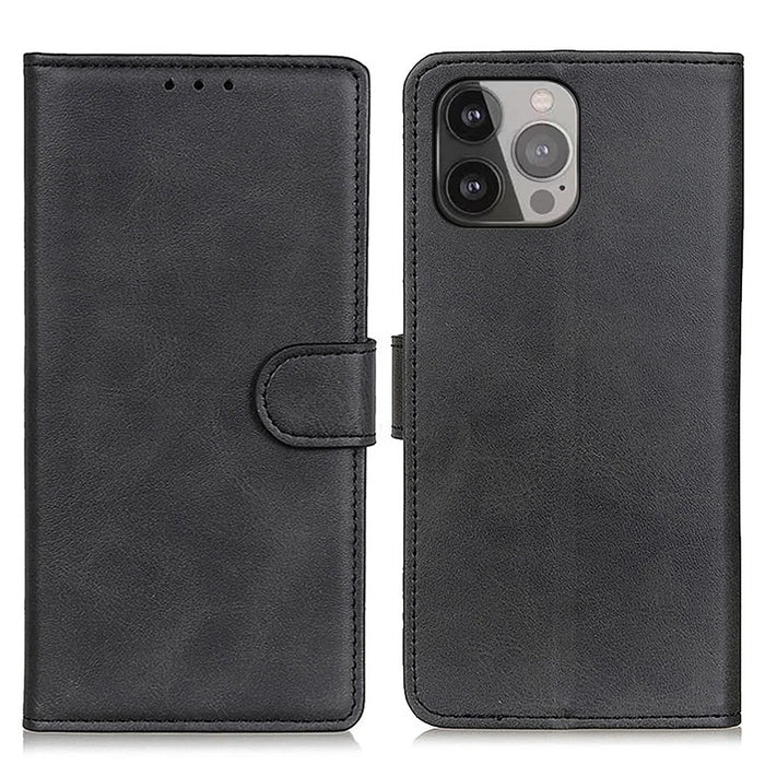 For iPhone 16 Pro Max Case Cowhide Texture Leather Flip Wallet Phone Cover - Black - 1