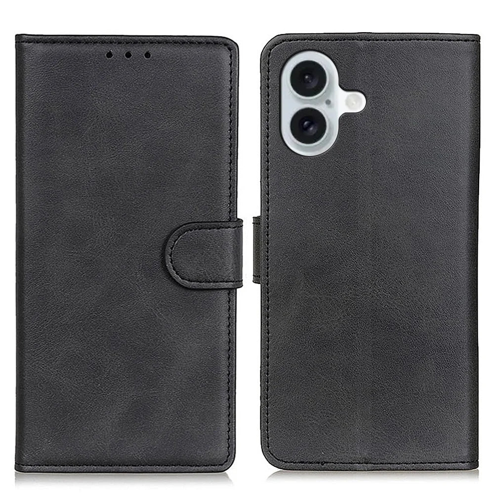 For iPhone 16 Plus Case Card Slots Wallet Cowhide Texture Leather Flip Phone Cover - Black - 1