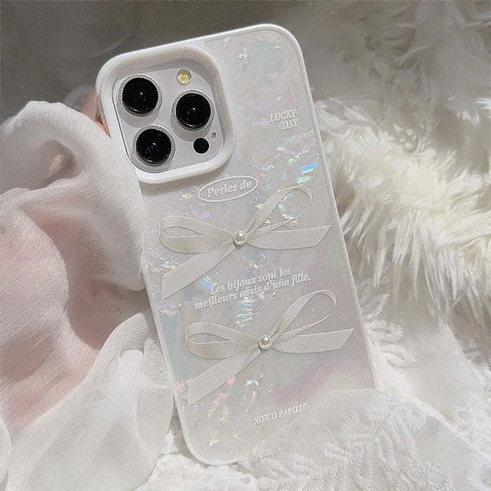 For iPhone 15 Pro Max Case Seashell Pattern Pearl Bow Decor TPU Phone Cover - Rubberized - 2