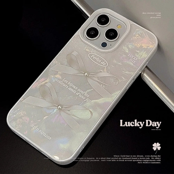 For iPhone 15 Pro Max Case Seashell Pattern Pearl Bow Decor TPU Phone Cover - Rubberized - 4