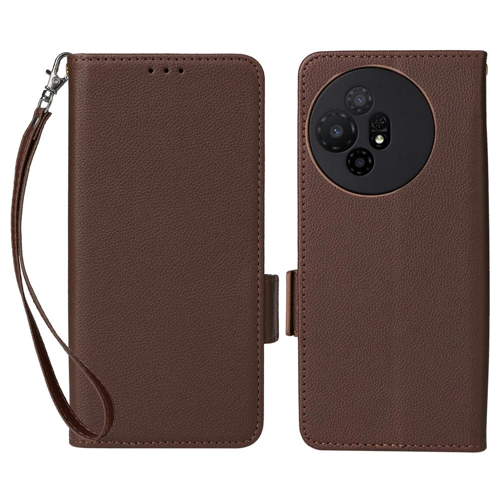 For TCL 50 XL 5G Case with Wrist Strap Litchi Texture PU Leather Wallet Phone Cover - Brown - 1