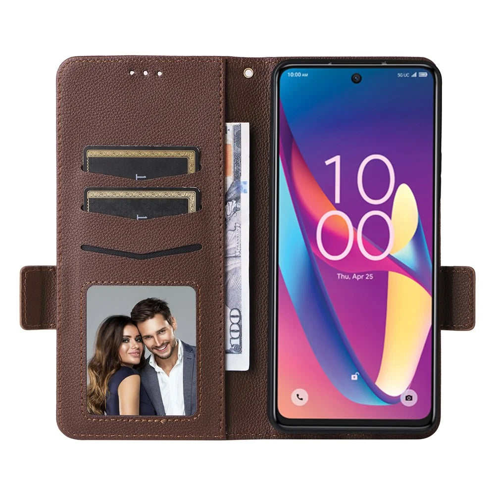 For TCL 50 XL 5G Case with Wrist Strap Litchi Texture PU Leather Wallet Phone Cover - Brown - 2